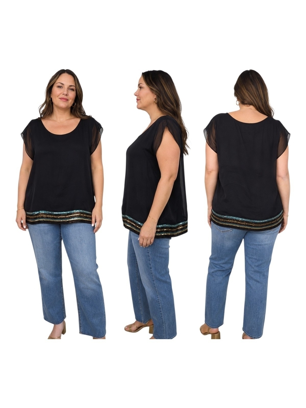 Cache Black Sheer Sequin Hem Blouse Top Women’s Size XL